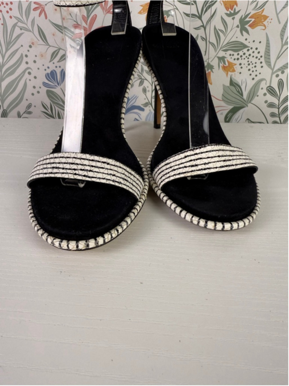 Cole Haan Woven Leather Ankle Strap Heels Black White Sandals Size 7 - Picture 6 of 10